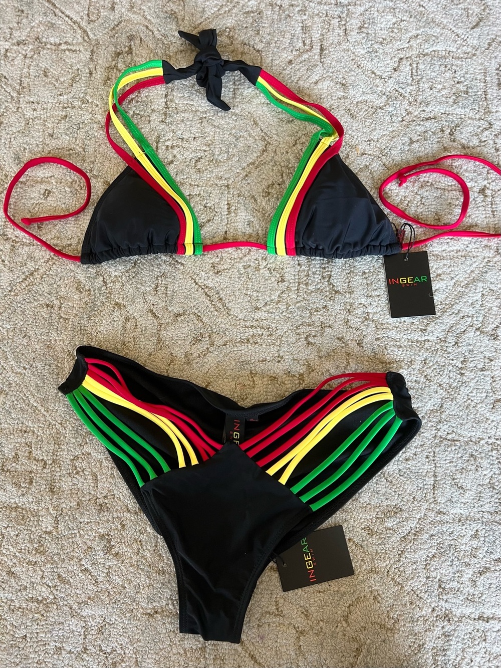 Ingear Black Bikini with Red, Yellow & Green Stripe Accents
